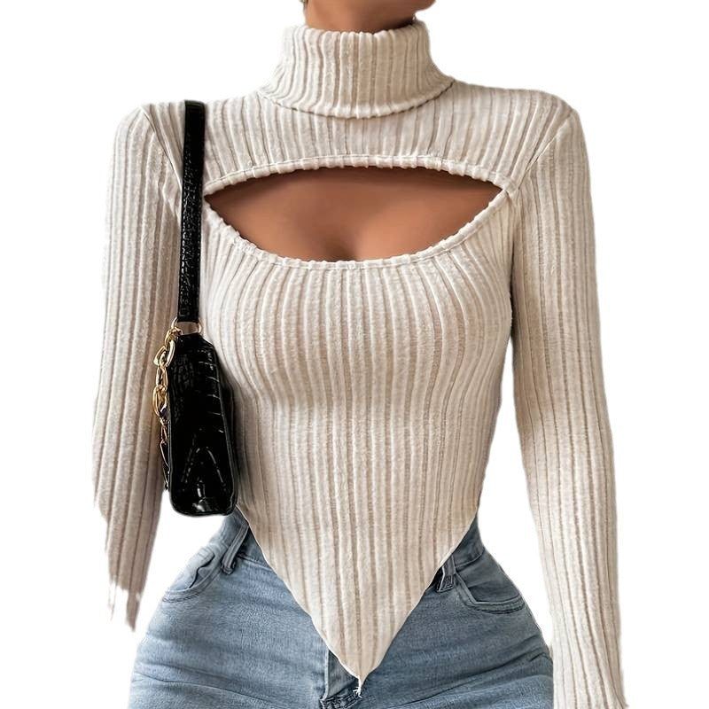 Damen geripptes Rollkragen-Top mit Cut-Out, spitz zulaufendem Zipfel-Saum und figurbetonter Stretch-Passform Eichborn Berlin