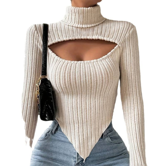 Damen geripptes Rollkragen-Top mit Cut-Out, spitz zulaufendem Zipfel-Saum und figurbetonter Stretch-Passform Eichborn Berlin