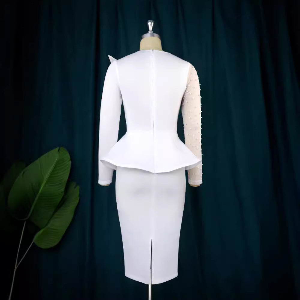 Damen Etuikleid mit transparenten Puffärmeln und dekorativem Peplum EB