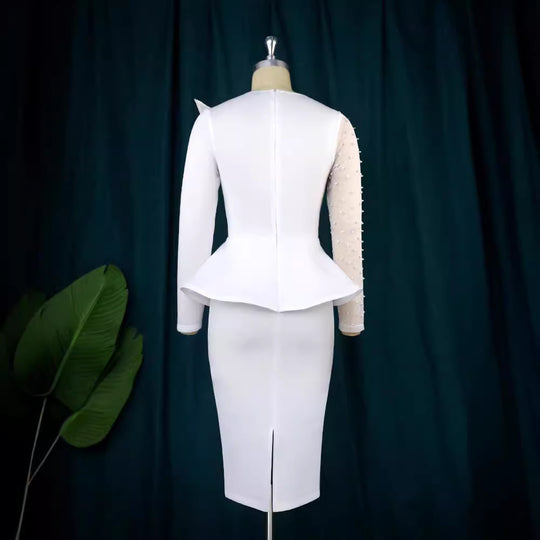 Damen Etuikleid mit transparenten Puffärmeln und dekorativem Peplum EB