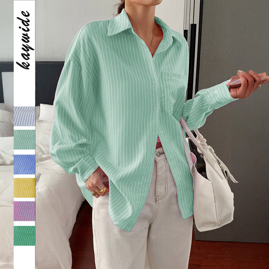 Damen nan locker geschnittene Longbluse mit Kentkragen, Brusttasche und feinem Nadelstreifen EB