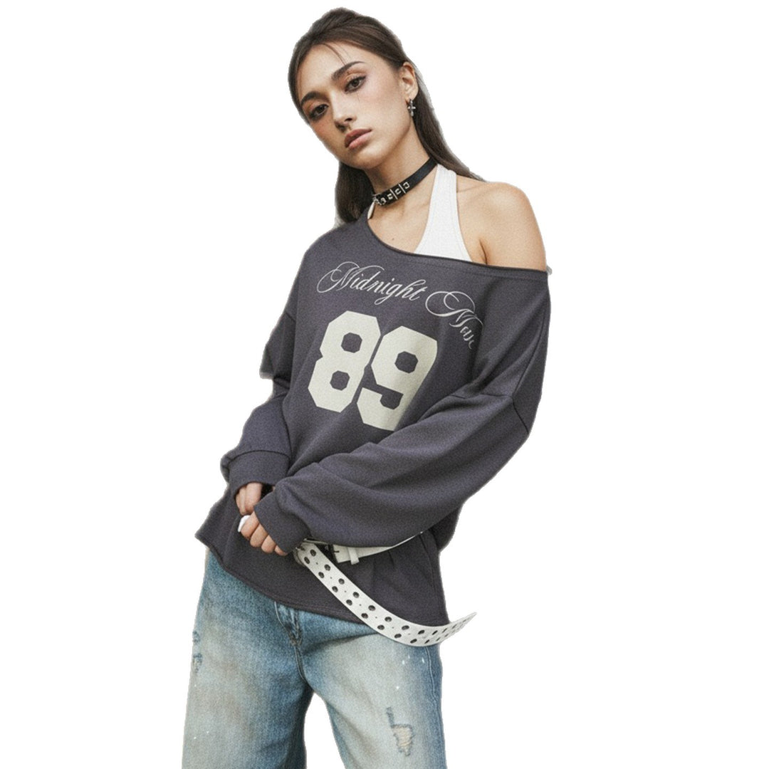 Damen nan Oversized-Sweatshirt im Off-Shoulder‑Stil mit Vintage‑Frontprint und ausgestelltem Saum EB
