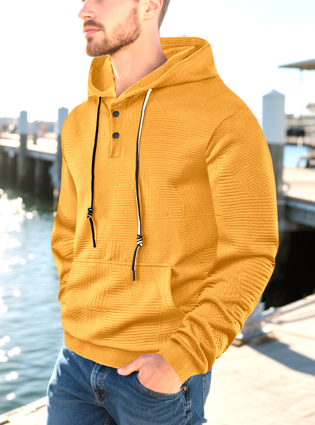 Herren nan geometrischer Struktur-Kapuzenpullover mit Henley-Blende und Kängurutasche EB