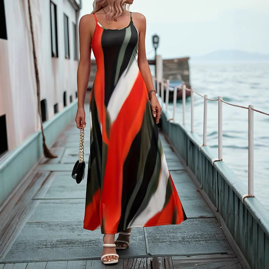 Damen Maxikleid im modernen Grafikdesign mit schmalen Trägern und fließendem Schnitt EB