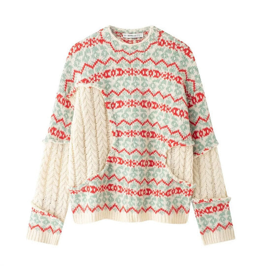 Damen Strickpullover mit farbenfrohem Muster und innovativem Schnitt EB