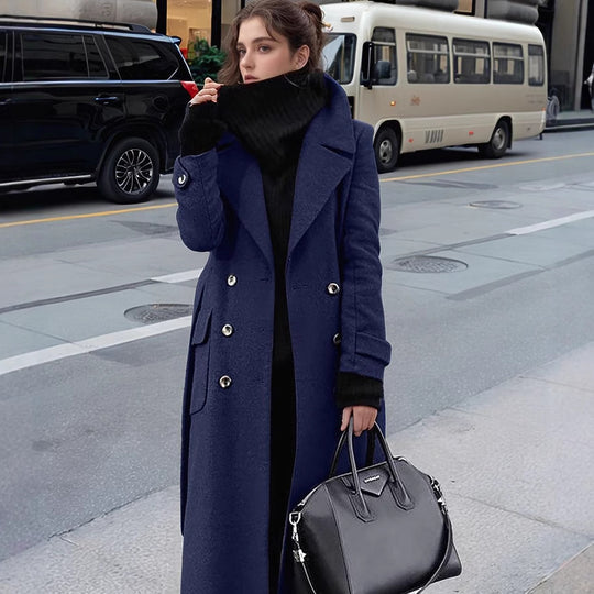 Damen nan eleganter Maxi-Wollmixmantel mit doppelreihiger Knopfleiste, weitem Reverskragen und aufgesetzten Taschenklappen EB