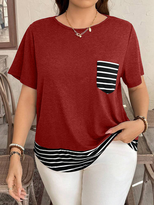 Damen Legeres T-Shirt mit gestreiftem Saum und Brusttasche EB