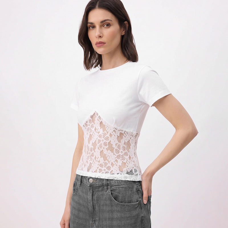 Damen Elegantes Oberteil aus Spitze und Jersey EB