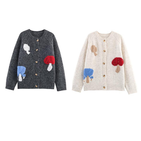 Damen Strickjacke mit bunten Pilzmotiven und bequemen Knopfdetails EB