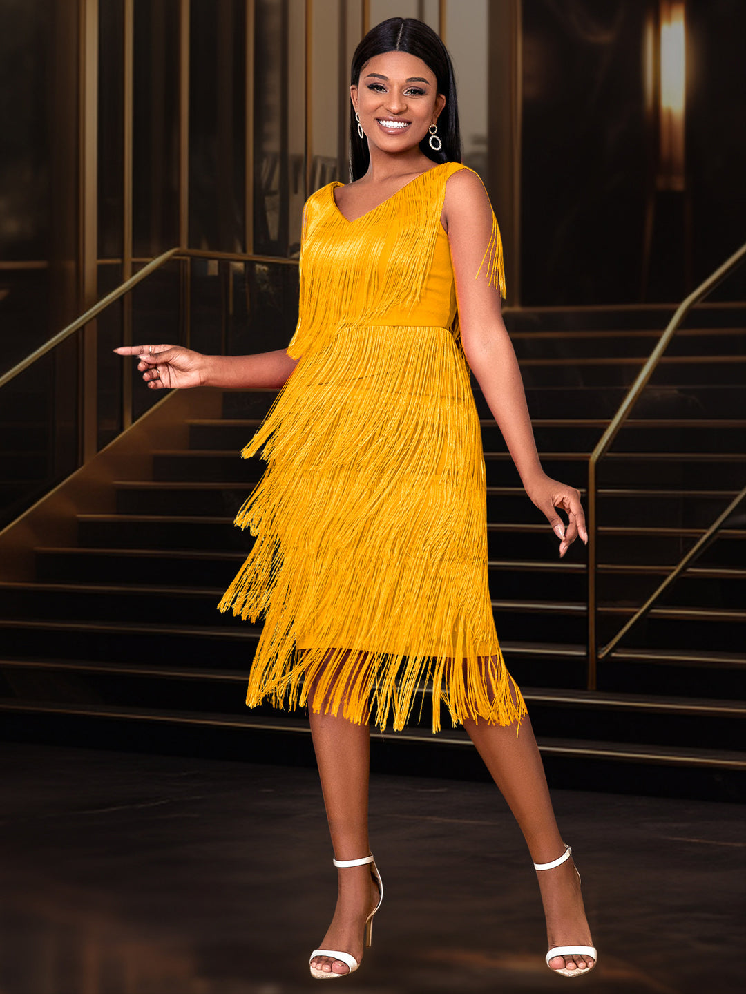 Damen Fransen Kleid mit elegantem V-Ausschnitt und schwingendem Saum EB