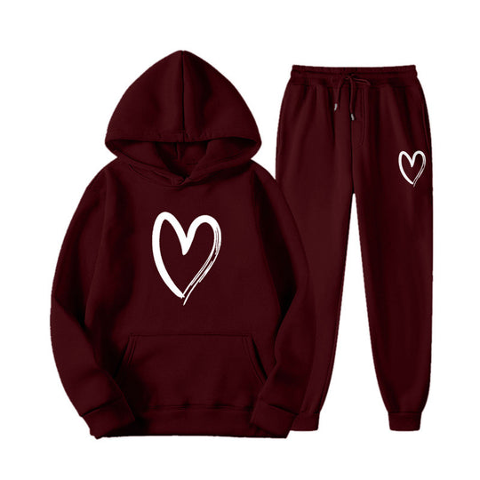 Damen Sweatsuit mit Kängurutasche und herzförmigem Print EB
