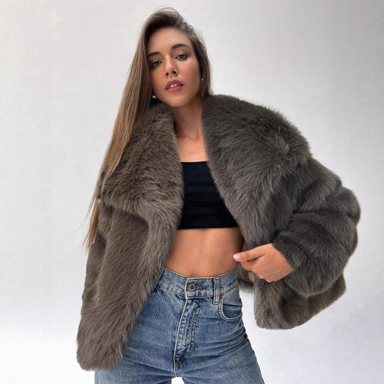 Damen Modischer Kunstpelz-Cropped-Jacke mit voluminösen Ärmeln EB