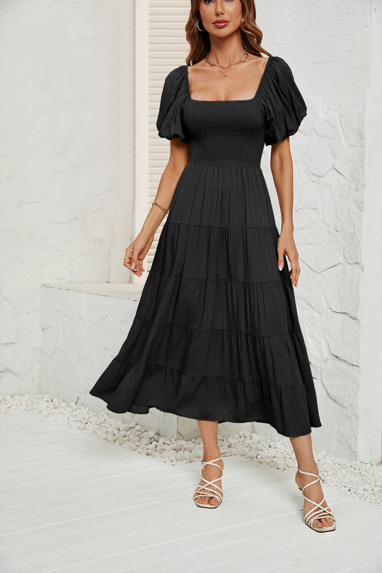 Damen Maxikleid mit Puffärmeln und elastischem Oberteil EB