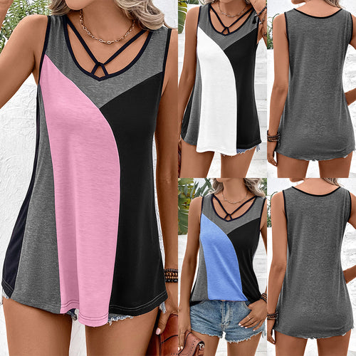 Damen ärmelloses Colorblock Oberteil mit modischem V-Ausschnitt EB