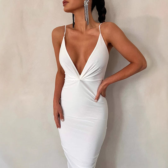Damen elegantes Maxikleid mit tiefem V-Ausschnitt und zarten Spaghetti-Trägern EB