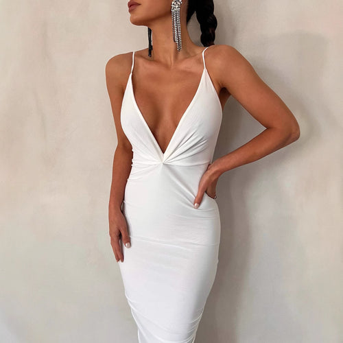 Damen elegantes Maxikleid mit tiefem V-Ausschnitt und zarten Spaghetti-Trägern EB