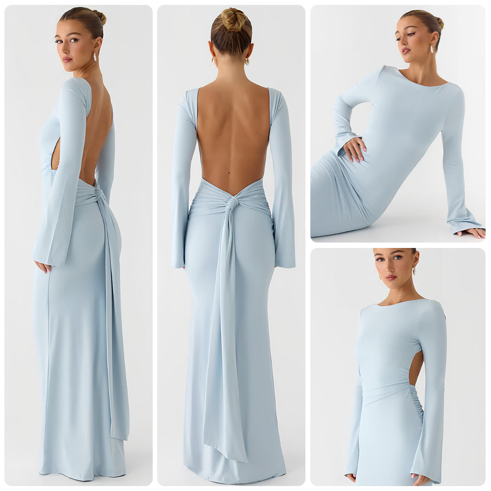 Damen Elegantes Maxikleid mit langem Arm und schwingendem Rock EB