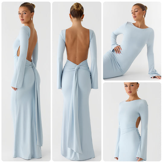 Damen Elegantes Maxikleid mit langem Arm und schwingendem Rock EB