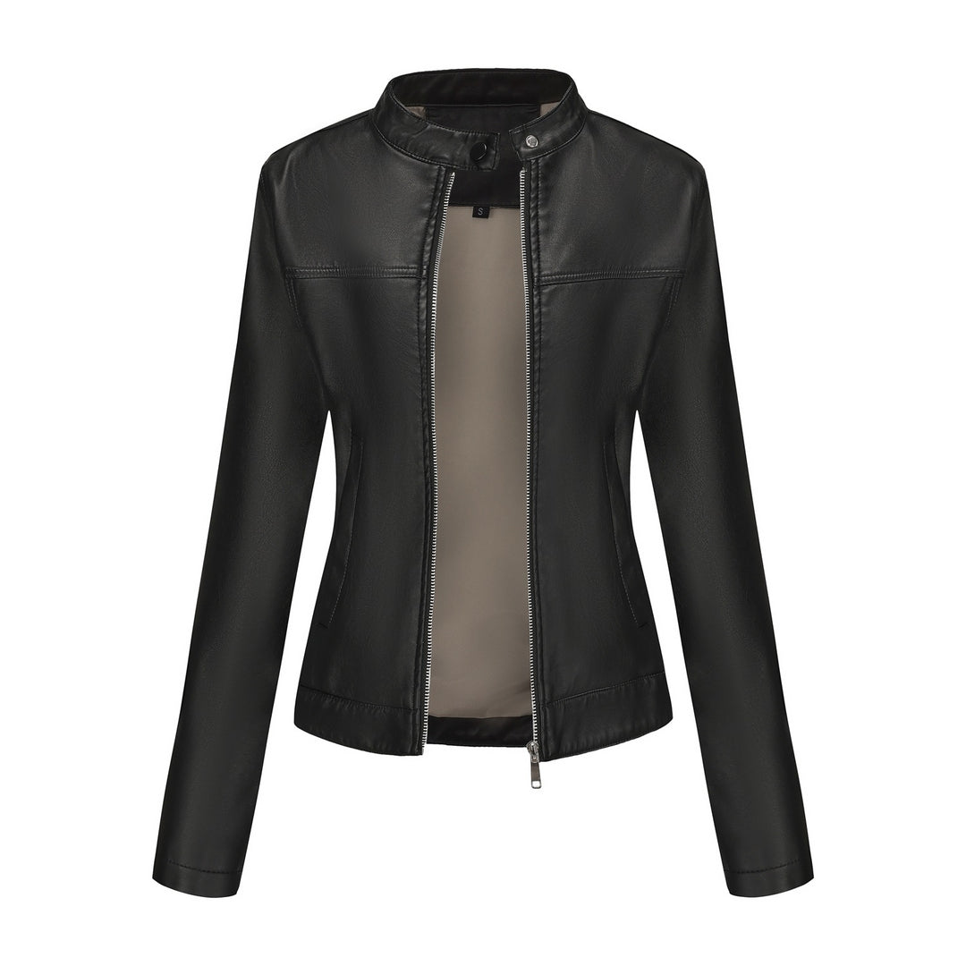 Damen nan taillierte Kunstlederjacke mit Stehkragen, verdecktem Reißverschluss und cleanem Minimaldesign EB