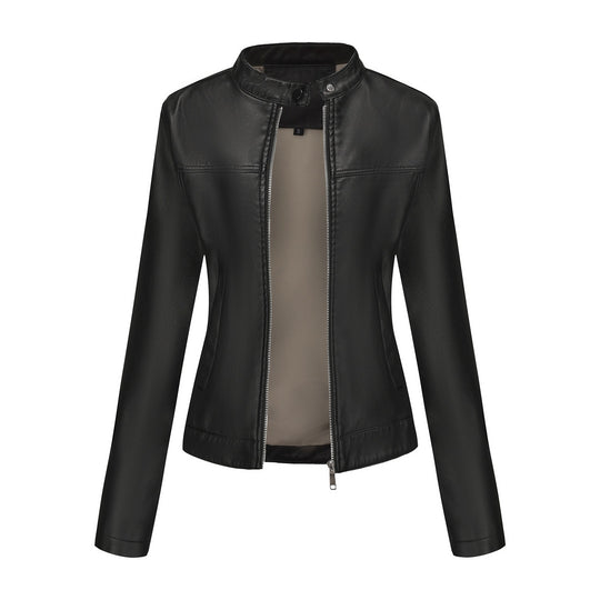 Damen nan taillierte Kunstlederjacke mit Stehkragen, verdecktem Reißverschluss und cleanem Minimaldesign EB
