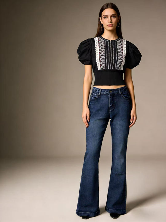 Damen elegantes cropped Oberteil mit Puffärmeln und Vintage-Stickerei EB