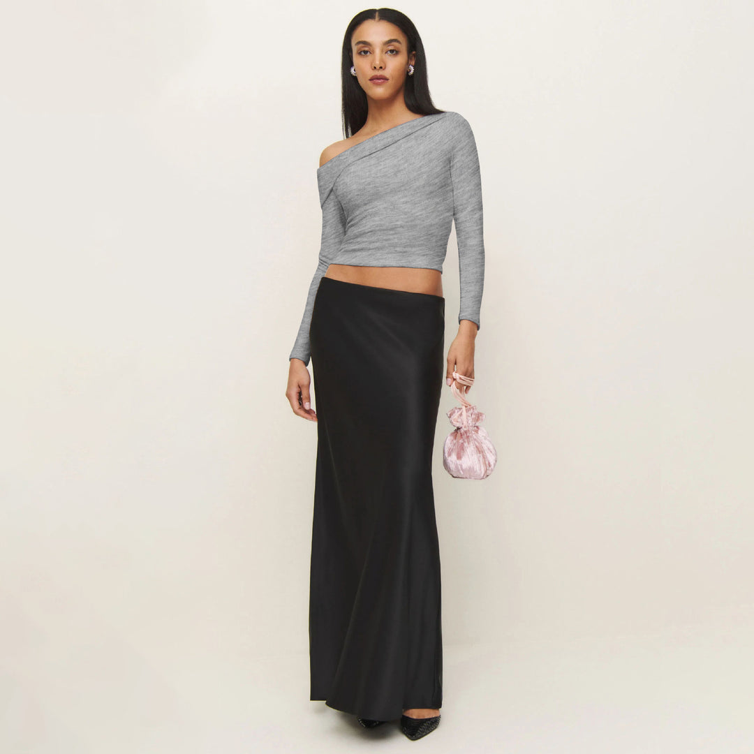 Damen Elegantes Langarmoberteil mit schrägem Ausschnitt und figurbetontem Schnitt EB