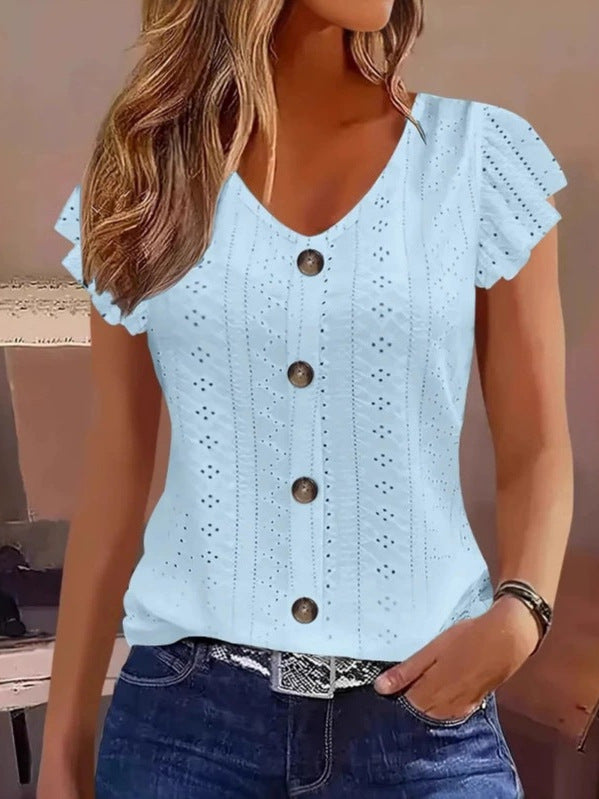 Damen luftige Bluse mit filigranem Lochmuster und Knopfdetails EB