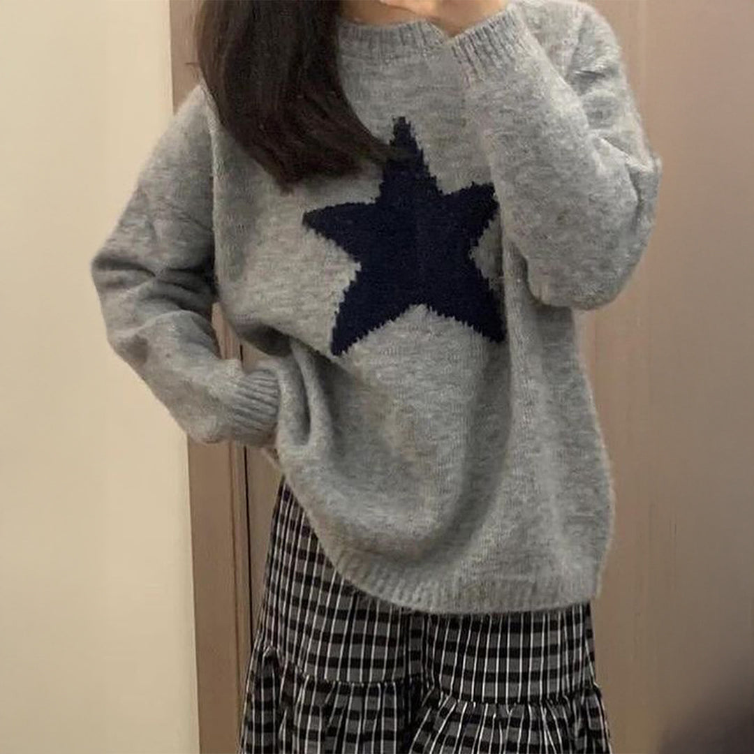 Damen nan oversized Strickpullover mit markantem Sternmotiv, Rundhalsausschnitt und gerippten Bündchen EB