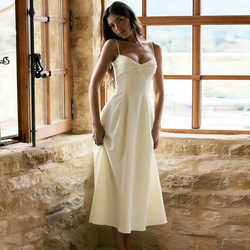 Damen Maxikleid mit tiefem V-Ausschnitt und fließendem Rock EB