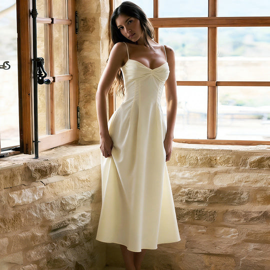 Damen Maxikleid mit tiefem V-Ausschnitt und fließendem Rock EB