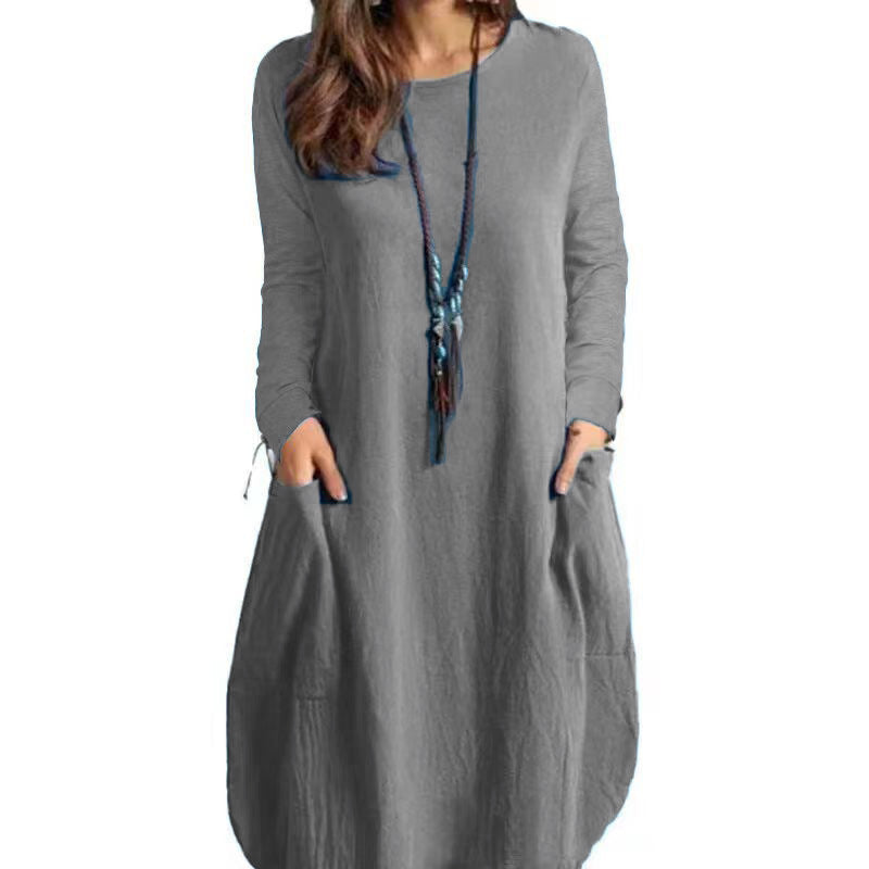 Damen lässiges Freizeitkleid mit seitlichen Taschen und Rundhalsausschnitt EB