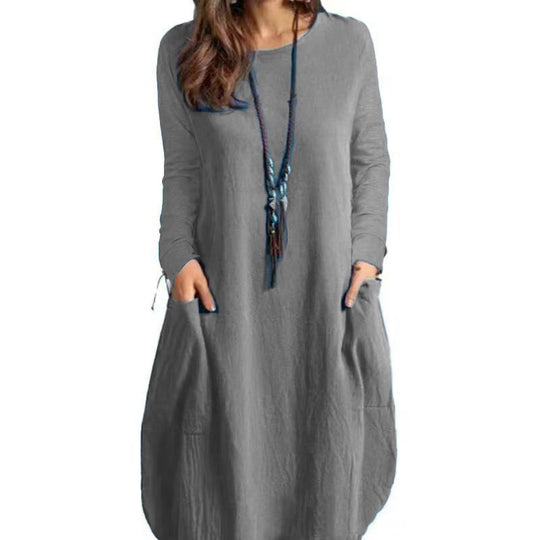 Damen lässiges Freizeitkleid mit seitlichen Taschen und Rundhalsausschnitt EB