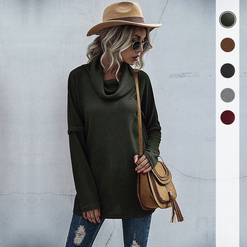 Damen modischer Oversized Pullover mit weitem Kragen und Rippstruktur EB
