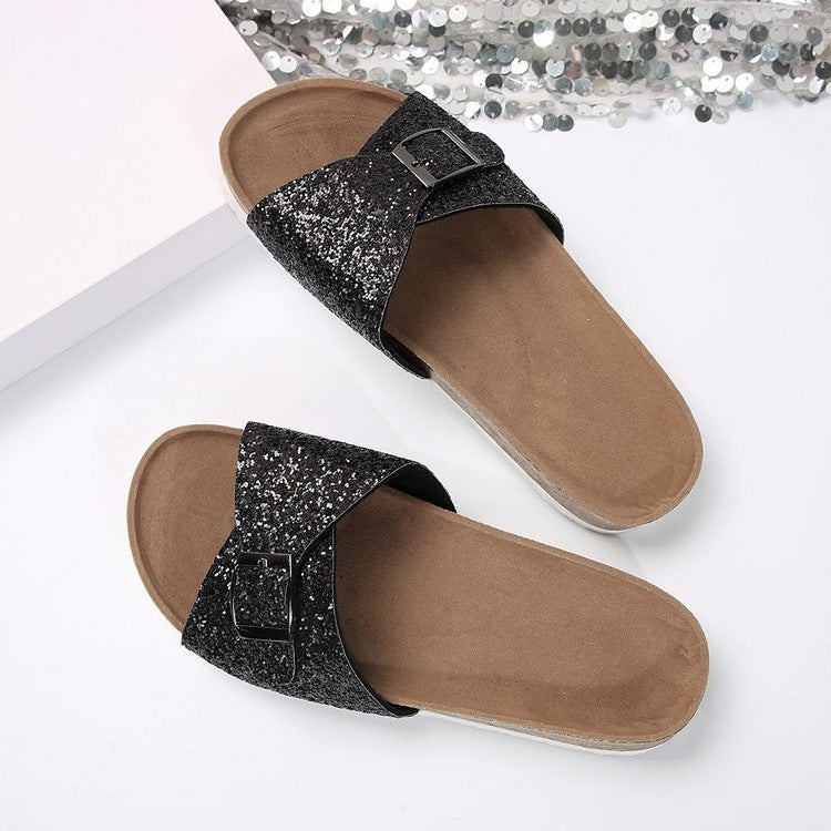 Damen Glitzernde Slides mit verstellbarem Schnallen-Design EB