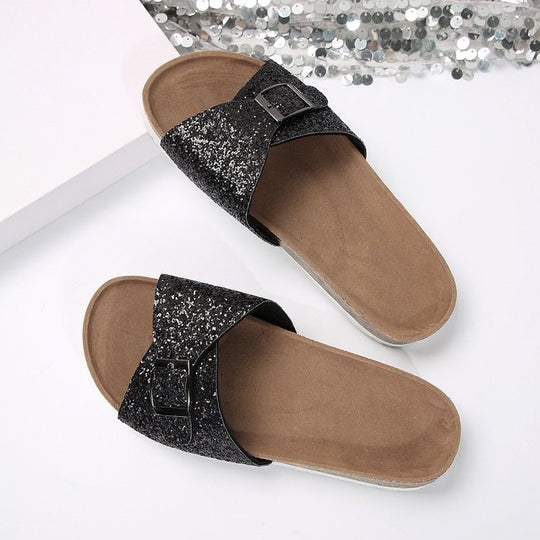 Damen Glitzernde Slides mit verstellbarem Schnallen-Design EB