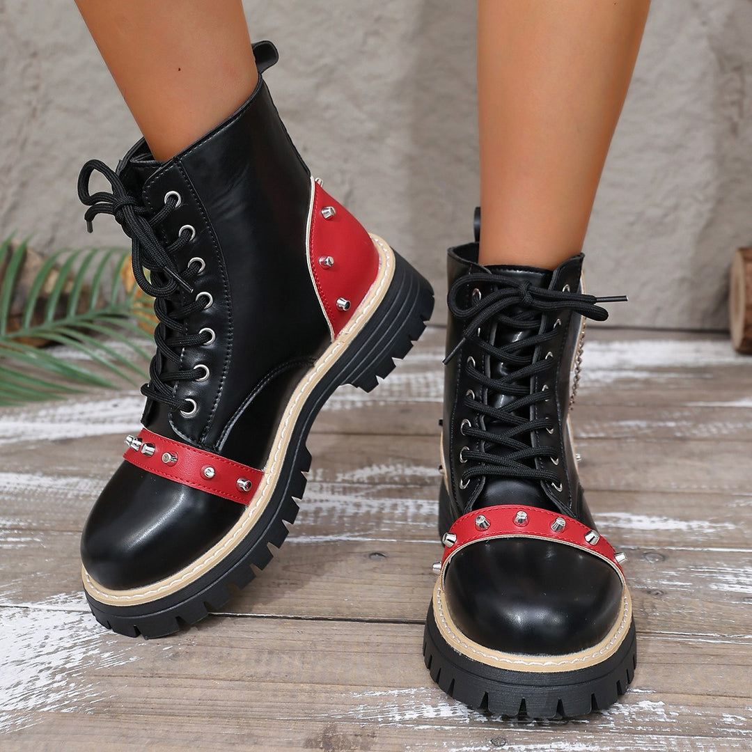 Damen modische Schnürstiefel mit dekorativen Nieten und Kettenanhänger EB
