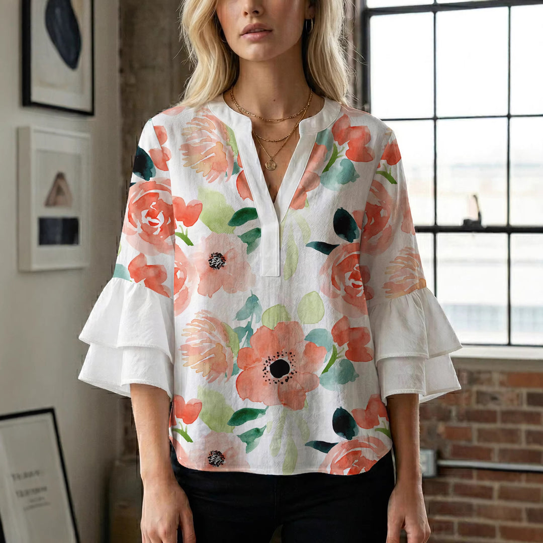 Damen Elegantes Oberteil mit voluminösen Rüchenärmeln und floralem Druck EB