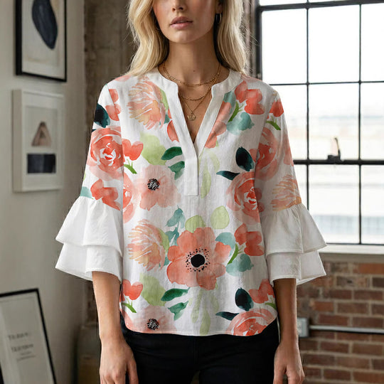 Damen Elegantes Oberteil mit voluminösen Rüchenärmeln und floralem Druck EB