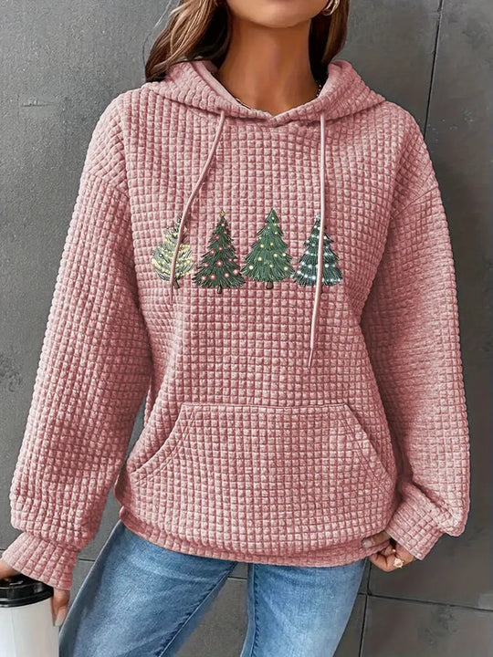 Damen Waffel-Pullover mit übergroßer Kapuze und festlichem Baumdesign EB