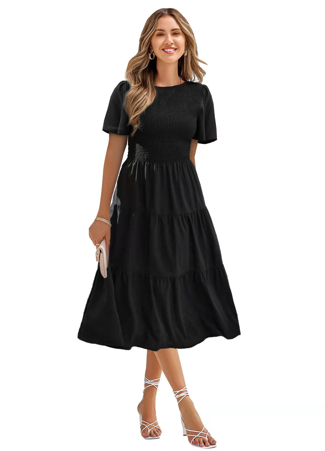 Damen Langes Wickelkleid mit elastischem Taillenbund und kurzen Ärmeln EB