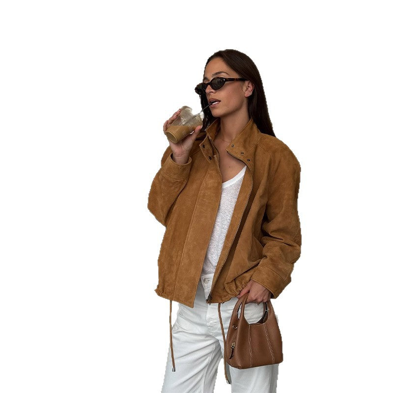 Damen lässige Suede-Jacke mit hohem Kragen und weiten Ärmeln EB