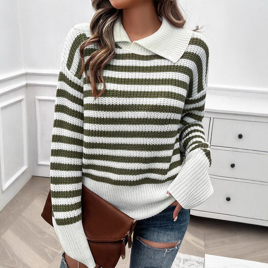 Damen nan gestreifter Polokragen-Strickpullover mit weitem Saum und ausgestellten Bündchen EB