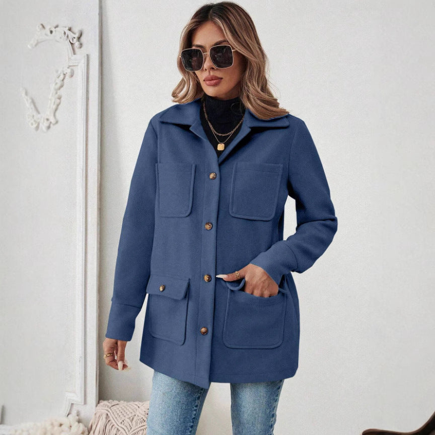 Damen Modische Utility-Jacke mit großen Taschen und goldenem Druck EB