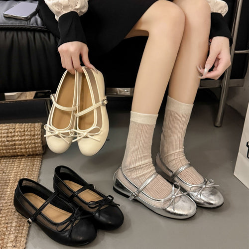 Damen elegante Ballerinas mit zartem Schleifen-Detail und atmungsaktiver Oberflächenstruktur EB
