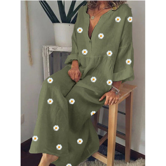 Damen Langes Leinenoptik Maxikleid mit tiefem V‑Ausschnitt, lockerer Empire‑Taillierung und Margeritenprint EB