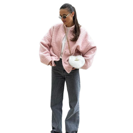Damen Flauschige Kapuzenjacke aus Teddyfell mit seitlichen Taschen EB