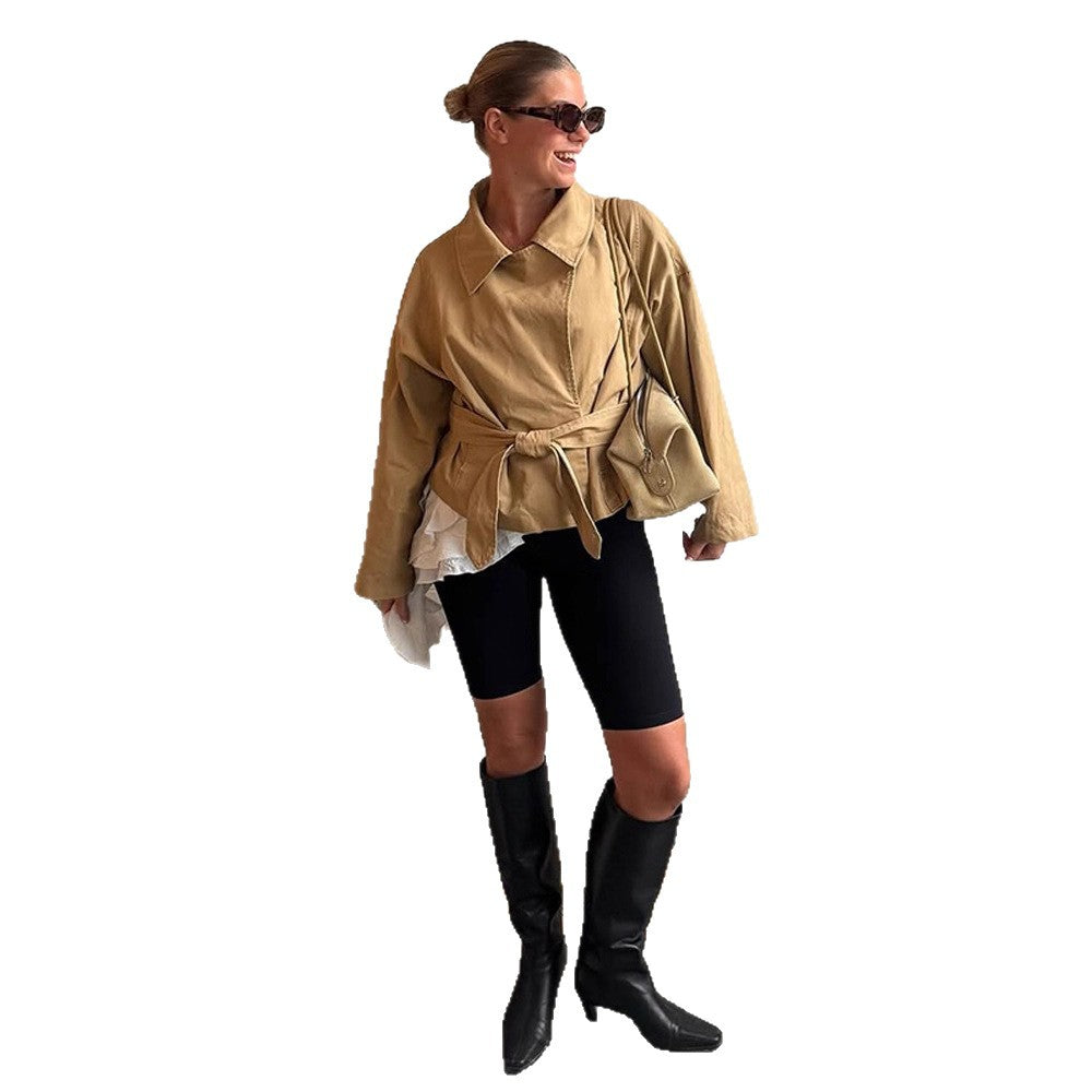 Damen lässige Oversized-Jacke mit Taillenschnürung EB