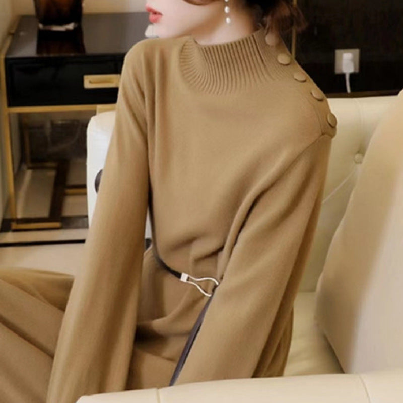 Damen Elegantes Strickmaxikleid mit hochgeschlossenem Kragen und dekorativen Knöpfen EB