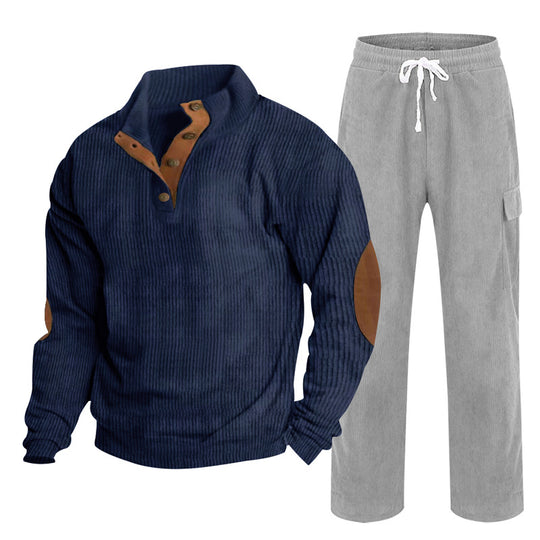Herren nan strukturiertes Cord-Henley-Loungewear-Set mit Ellenbogenpatches und Cargo-Jogpant EB