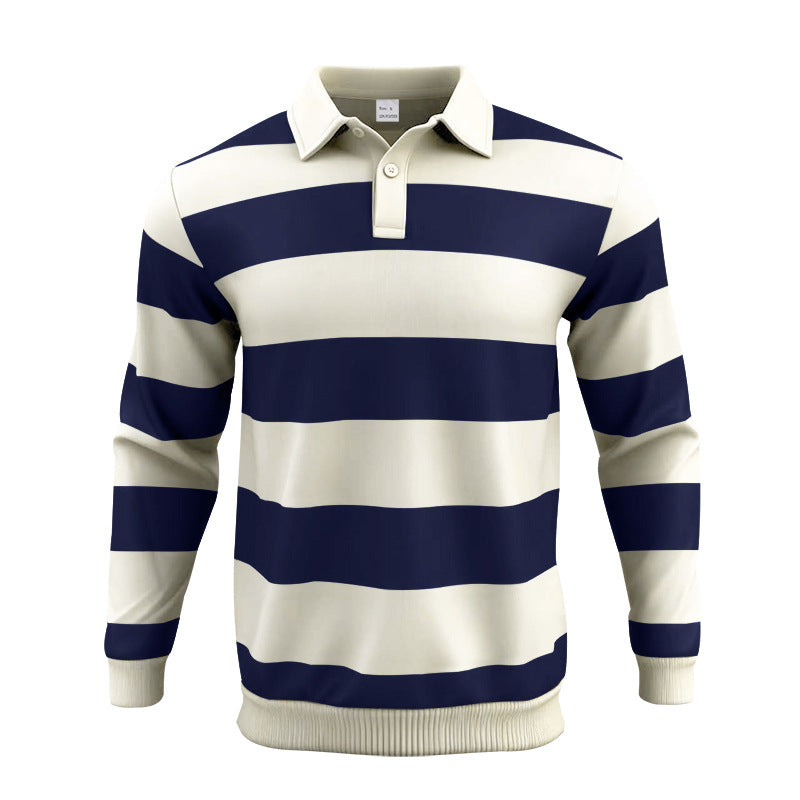 Herren nan gestreiftes Rugby-Polo Langarmshirt mit breiten Querstreifen, klassischem Polokragen und gerippten Abschlüssen EB